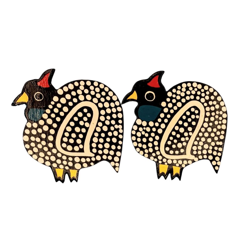 Guinea Fowl Napkin Rings Wooden Black & White Polka Dots Folkart Set of Two 3"